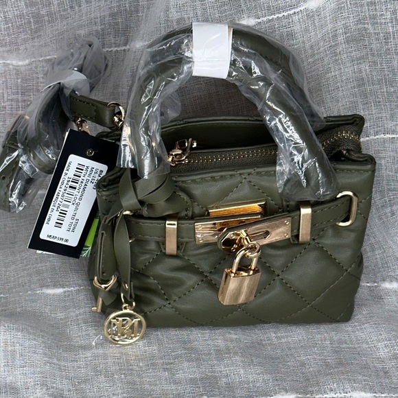 Badgley Mischka Mini Diamond Quilted Tote w/Front Lock Stone Olive Green & Gold - Picture 10 of 16